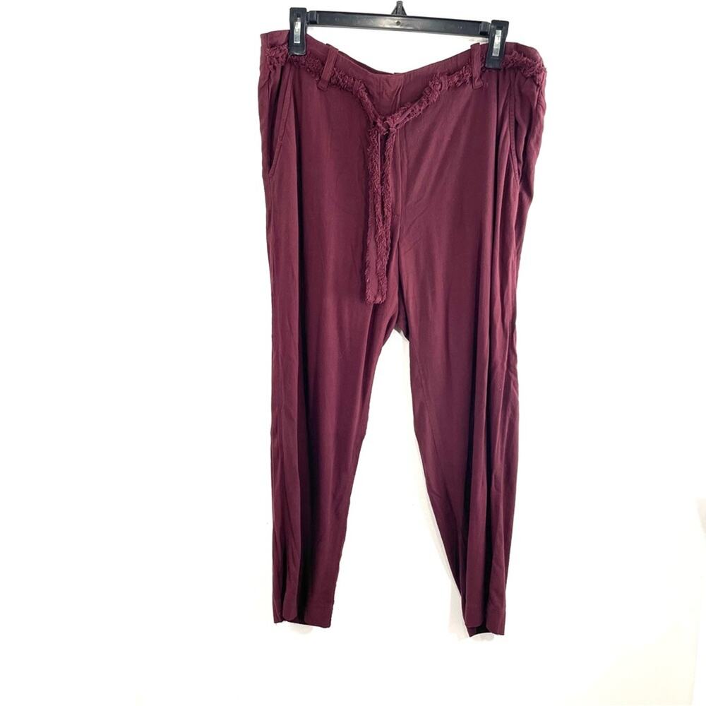 Raquel Allegra Maroon Belted Waist Tie Slim Leg Lightweight Pants 0 XS